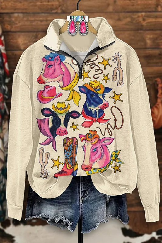 Vintage Western Horse Print Zip-Up Sweatshirt Hoodie with Pastel Soft Subtle