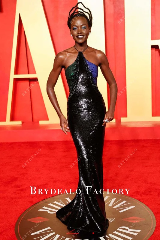 Lupita Nyong'o Black Sequin 2024 Oscars After Party Dress sweetheart Neckline Romantic Lupita Nyong'o Black Sequin 2024 Oscars After Party Dress sweetheart Neckline Romantic