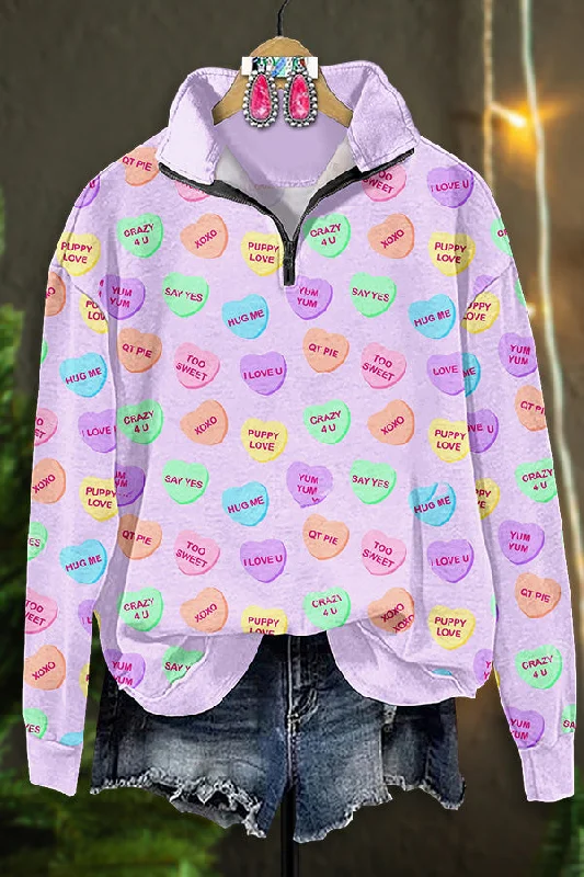 Beautiful Heart Print Zipper Sweatshirt Hoodie with Lace Feminine Delicate