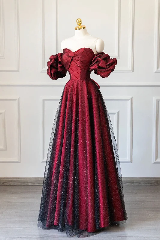 Burgundy Satin Tulle Long Prom Dress, Off Shoulder Evening Party Dress Crew Neckline Sporty