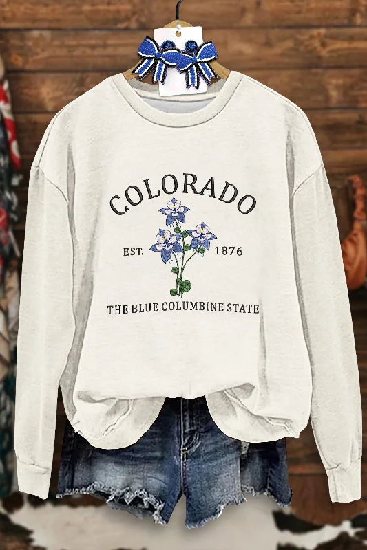 Colorado State Flower Print Sweatshirt Hoodie with Set-In Sleeves Structured Classic