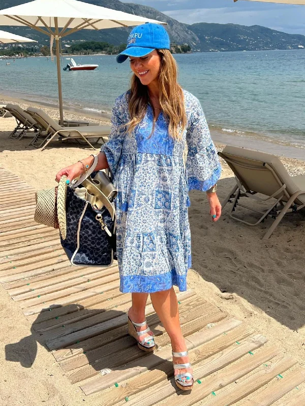 'IBIZA' DRESS (Short) PATCHWORK BLUE Turtleneck Neckline Stylish
