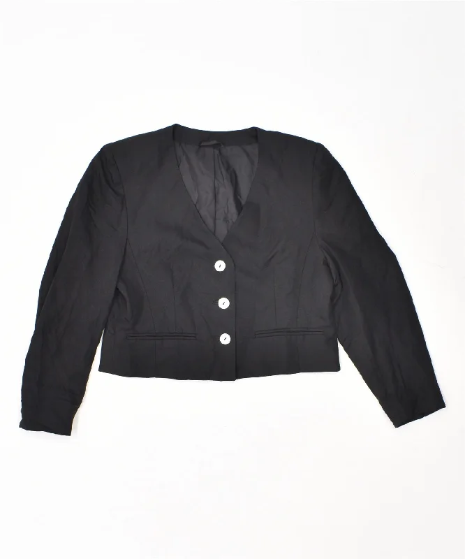 VINTAGE Womens Crop 3 Button Blazer Jacket UK 6 XS Black Viscose Herringbone Jacket Checkered Jacket Solid Jacket
