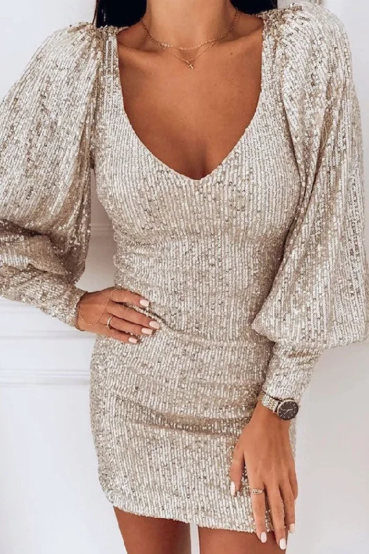 Sparkly V-neck Sequin Party Dress Tunics New arrival