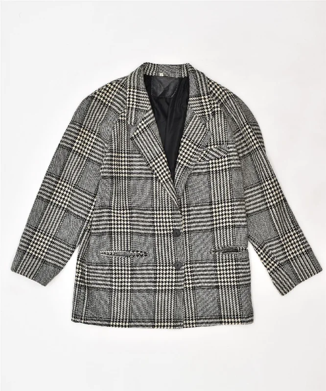 VINTAGE Womens 2 Button Blazer Jacket EU 46 XL Black Houndstooth Wool Stand-Up Collar Roll-Neck Collar Turtle Neck