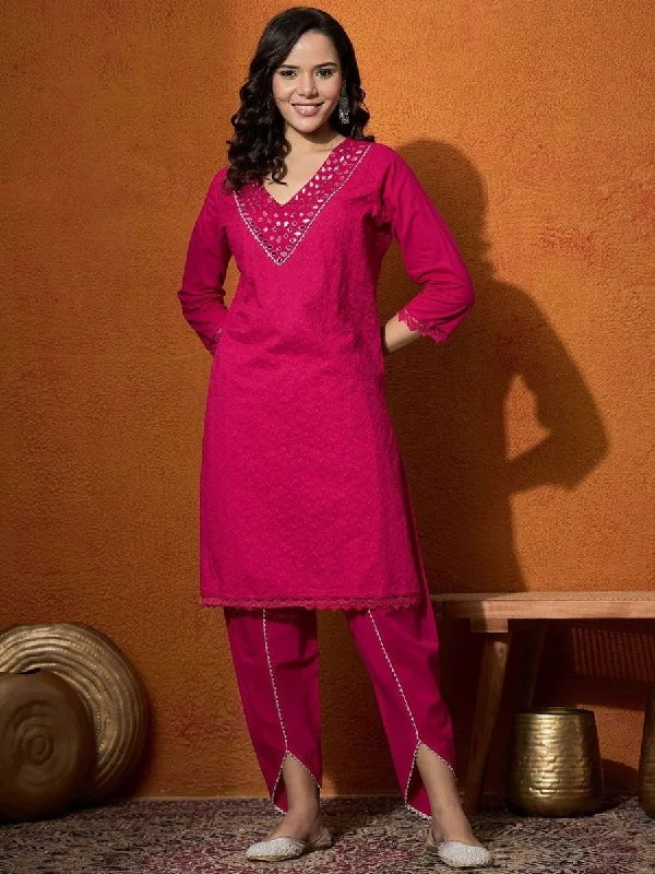 Anouk Pink Floral Embroidered V-Neck Mirror Work Pure Cotton Straight Kurta & Dhoti Pant Classic Chino Pants