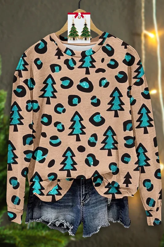 Vintage Leopard Christmas Tree Print Sweatshirt Hoodie with Button Placket Classic Preppy