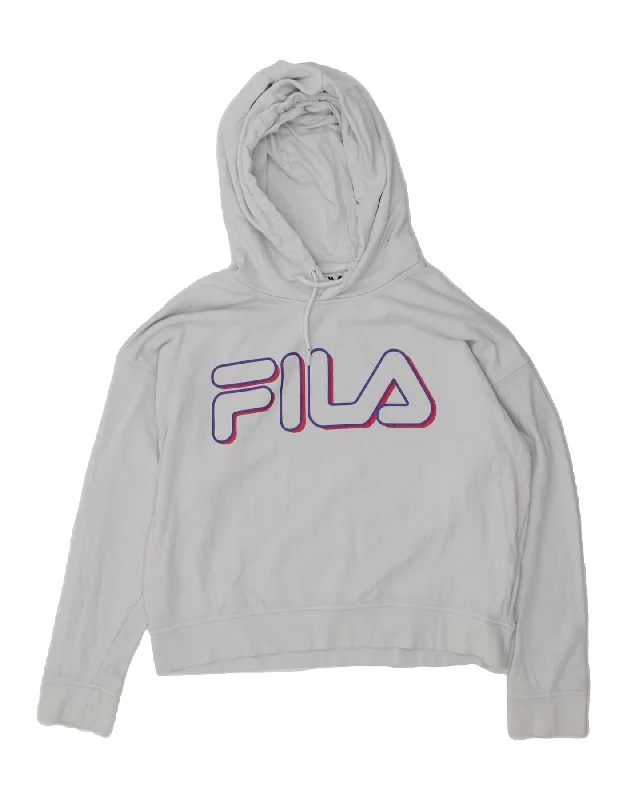 FILA Womens Graphic Hoodie Jumper UK 14 Medium Off White Cotton Hoodie with Puffed Sleeves Voluminous Trendy