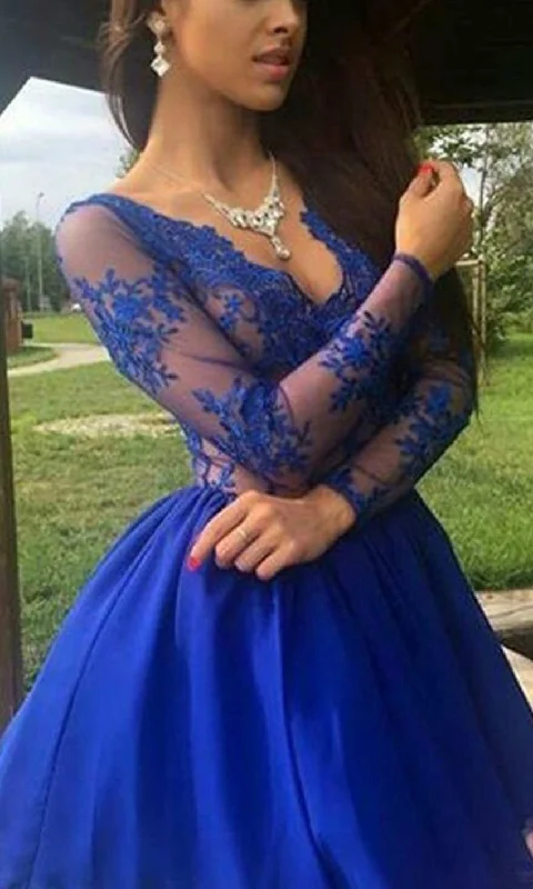 Blue V-neck Lace Prom Dresses Long Sleeves in Knee Length P516 Tunics Exclusive limited Blue V-neck Lace Prom Dresses Long Sleeves in Knee Length P516 Tunics Exclusive limited