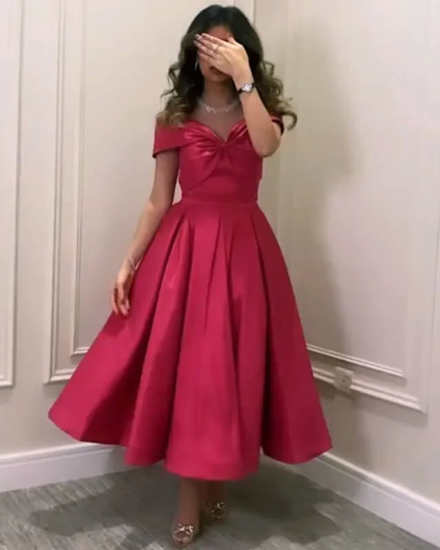 Fuchsia Satin Off-The-Shoulder Midi Party Dress Tunics Leisure comfortable