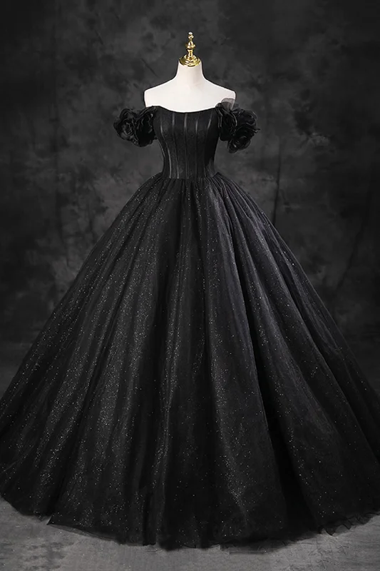 Black Tulle Floor Length A-Line Prom Dress, Off the Shoulder Evening Party Dress Tunics Cozy comfortable Black Tulle Floor Length A-Line Prom Dress, Off the Shoulder Evening Party Dress Tunics Cozy comfortable
