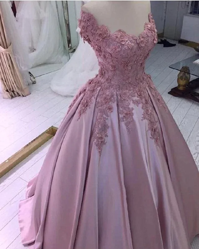 Pink Flowers Off Shoulder Satin Ball Gown Prom Dress, Pink Evening Dress Party Dress Tunics Yoga stretchy Pink Flowers Off Shoulder Satin Ball Gown Prom Dress, Pink Evening Dress Party Dress Tunics Yoga stretchy