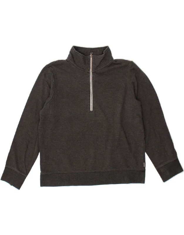 EDDIE BAUER Womens Zip Neck Sweatshirt Jumper UK 14 Medium Grey Cotton Hoodie with Hem Embroidery Detailed Premium
