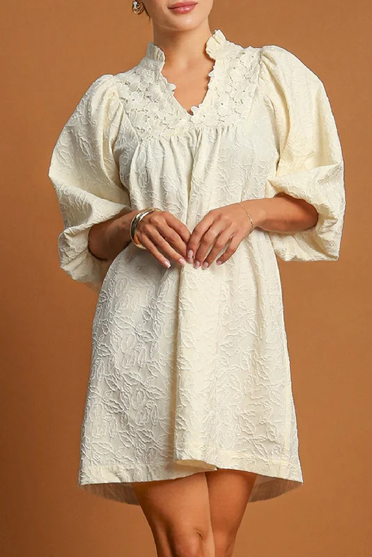 Blue Zone Planet |  White Floral Textured Bubble Sleeve Frilled Notched Neck Dress Tunics Fashionable chic