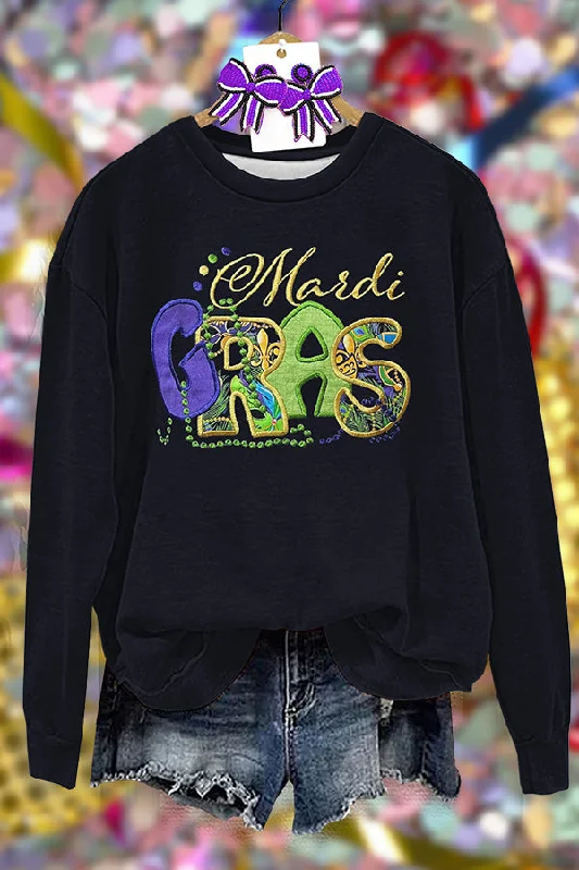Mardi Gras Applique Sweatshirt Hoodie with Hem Ribbing Snug Secure