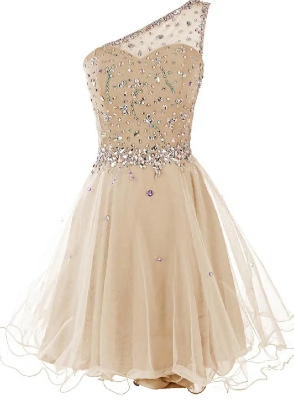 Light Champagne Beaded One Shoulder Chic Homecoming Dresses, Short Party Dress Prom Dresses Peplum Ruffle Cocktail Light Champagne Beaded One Shoulder Chic Homecoming Dresses, Short Party Dress Prom Dresses Peplum Ruffle Cocktail