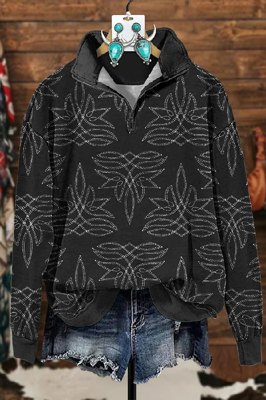 Western Boot Stitched Zipper Sweatshirt Hoodie with Color Block Contrast Stylish