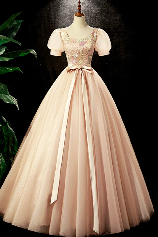 Lovely Tulle Sequins Long Prom Dress, A-Line Short Sleeve Evening Party dress Tunics Stylish modern Lovely Tulle Sequins Long Prom Dress, A-Line Short Sleeve Evening Party dress Tunics Stylish modern