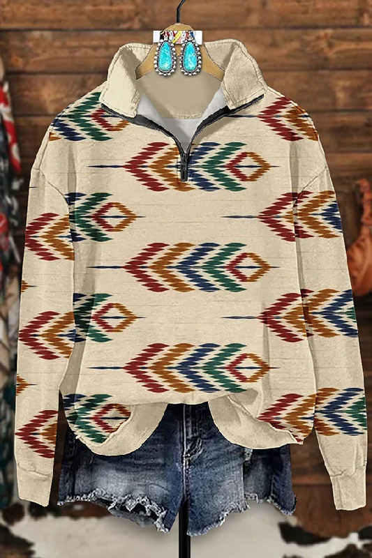 Retro Western Aztec Arrow Print Zip-Up Sweatshirt Hoodie with Hem Patch Decorative Personalized