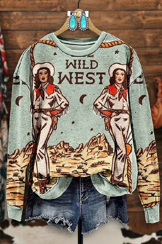 Retro Western Cowgirl Print Sweatshirt Hoodie with Double Zipper Versatile Adjustable