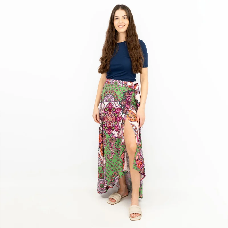 Next Green Floral Print A-Line Wrap Long Maxi Skirts silk skirt luxurious