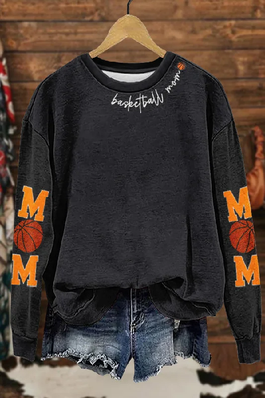 Cozy Gameday Basketball Mom Print Sweatshirt Hoodie with Raw Hem Edgy Unfinished