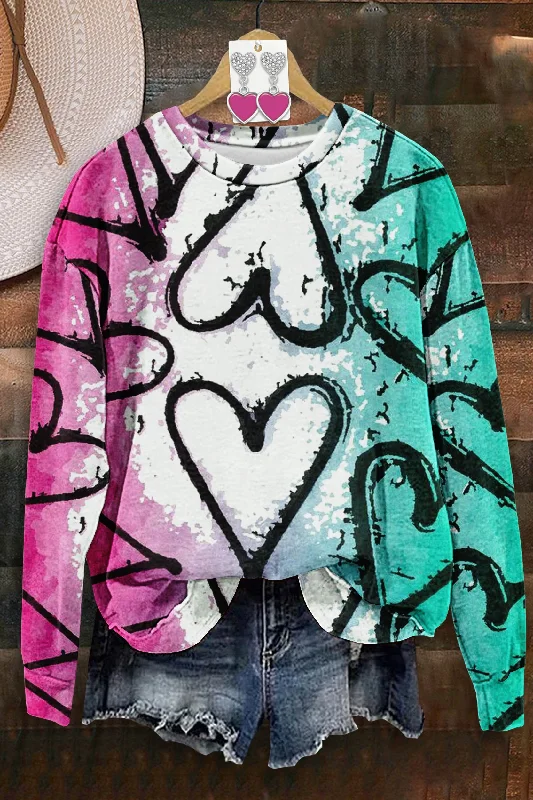 Fresh Heart Printed Sweatshirt Hoodie with Stripes Bold Sporty
