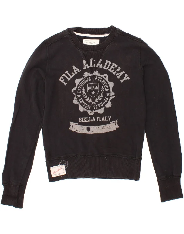 FILA Womens Graphic Sweatshirt Jumper UK 14 Large Black Cotton Hoodie with Hood Adjustable Protection