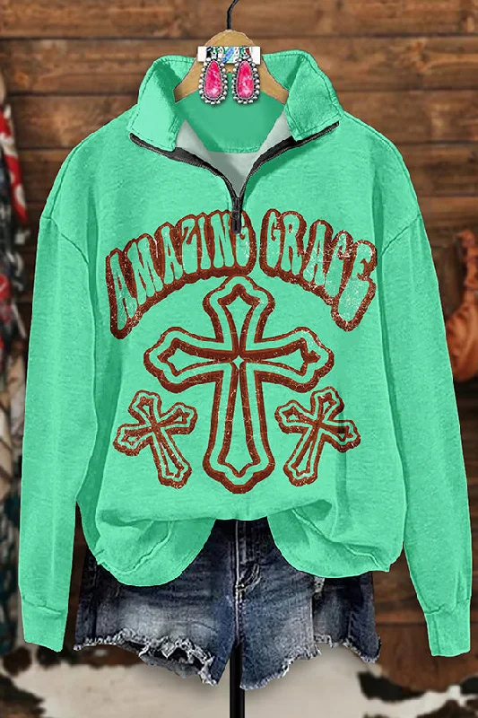 Vintage Cross Print Zip-Up Sweatshirt Hoodie with Hood Adjustable Protection