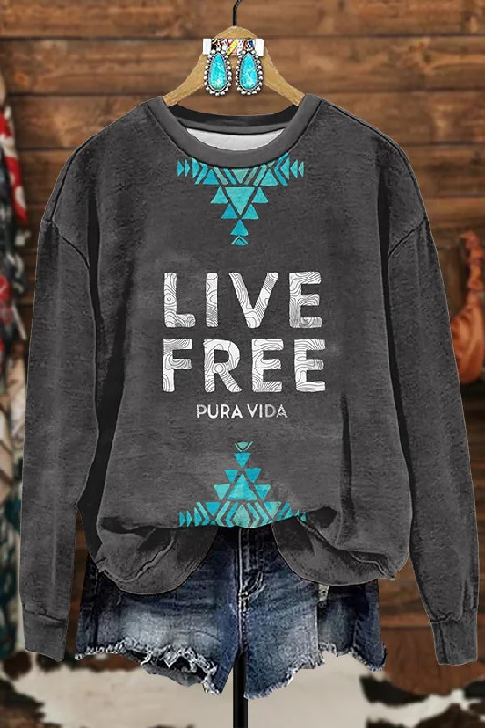 Western Aztec Live Free Printed Sweatshirt Hoodie with Zipper Versatile Modern