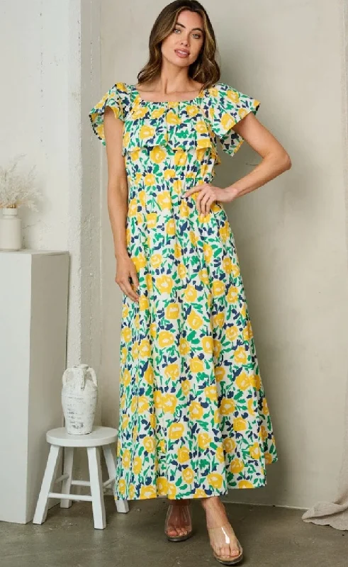 Floral Dress with Ruffle Neck Boat Neckline Classic