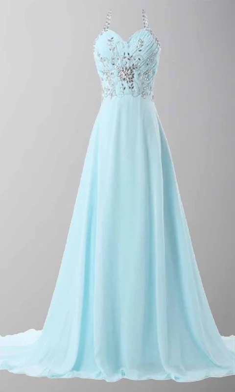 Sky Blue Crystal Halter Long Prom Dresses Tie Up Back P447 Tunics Vintage classic