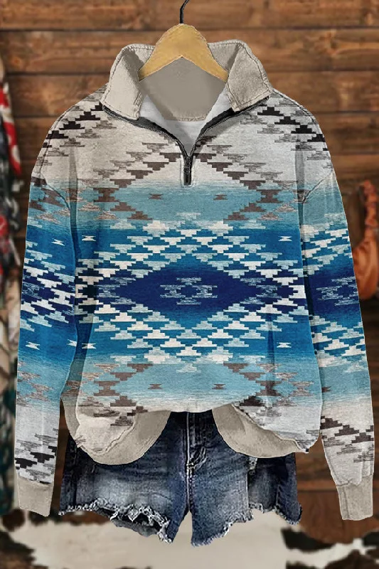 Western Ethnic Totem Aztec Print Sweatshirt Hoodie with Frayed Bohemian Relaxed
