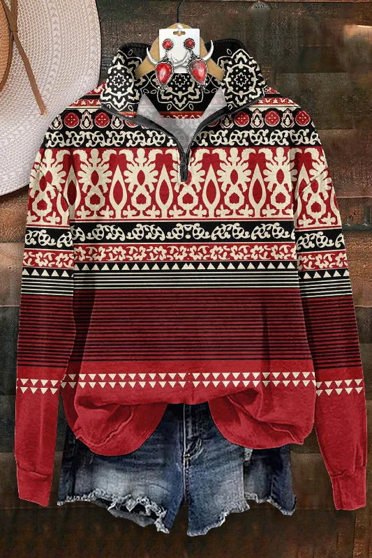 Vintage Stripe Print Zip-Up Sweatshirt Hoodie with Side Slits Relaxed Casual