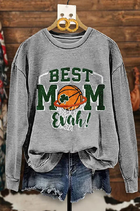 Casual Basketball Mom Print Sweatshirt Hoodie with Ribbed Neckline Snug Warm