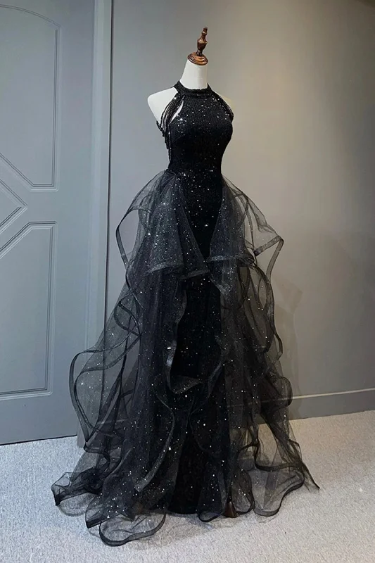 Black Shiny Tulle Long Party Dress with Beaded, Black Evening Dress Boatneck Modish Everyday