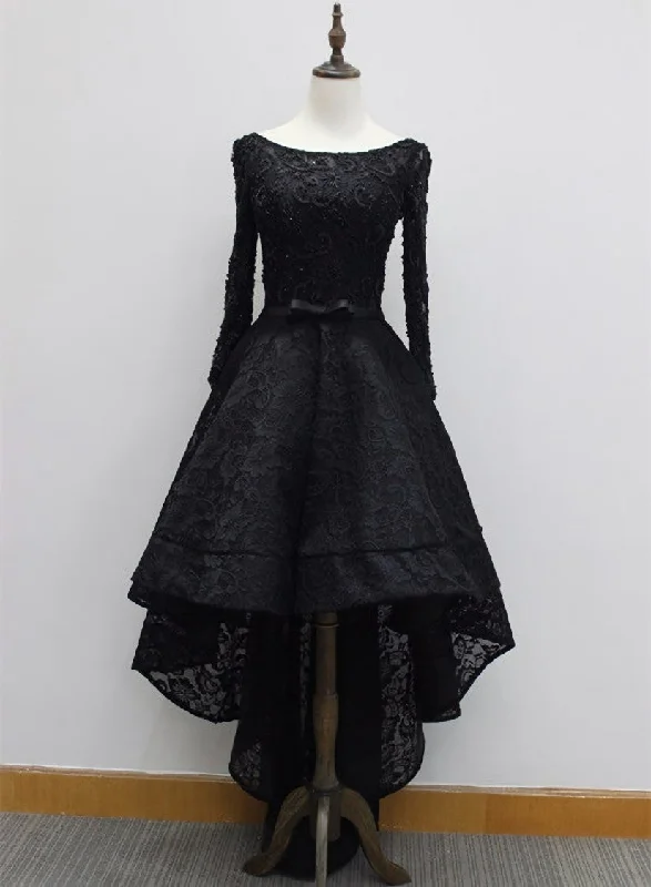 Long Sleeves Lace High Low Party Dress , Beaded Black Evening Dress Tunics Trendy modern Long Sleeves Lace High Low Party Dress , Beaded Black Evening Dress Tunics Trendy modern