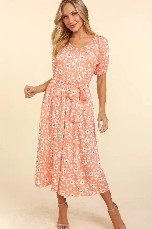 Size 1X Floral V-Neck Comfy Dress in Coral Boatneck Modish Everyday