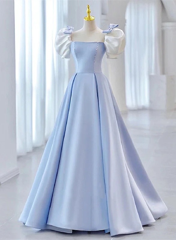 Blue Satin Short Sleeves with Bow Lace-up Party Dress, Blue Prom Dress Tunics stripes playful Blue Satin Short Sleeves with Bow Lace-up Party Dress, Blue Prom Dress Tunics stripes playful