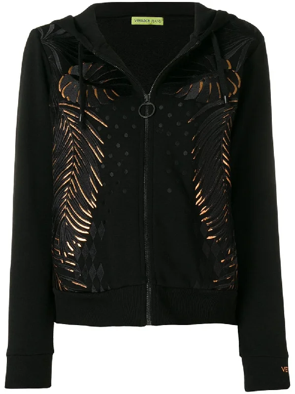 leaf embroidered zipped hoodie Zip Hoodie Drawstring Kangaroo Pocket