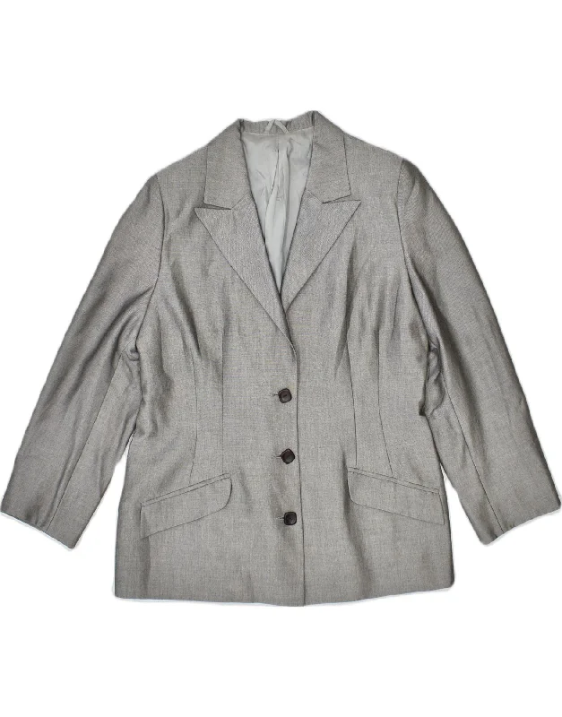 VINTAGE Womens 3 Button Blazer Jacket UK 12 Medium Grey Stand-Up Collar Roll-Neck Collar Turtle Neck