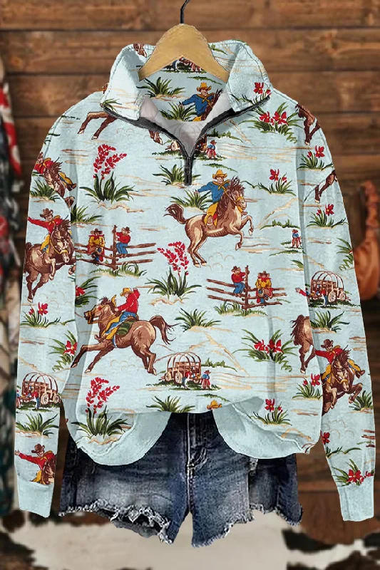 Chic Western Cowboy Horse Racing Print Sweatshirt Hoodie with Gradient Ombre Colorful
