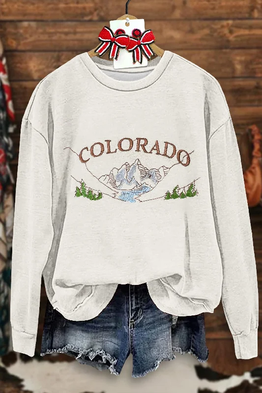 Colorado Print Mountain Sweatshirt Hoodie with Frayed Bohemian Relaxed