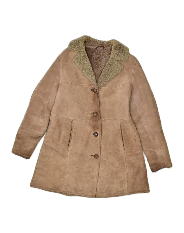 VINTAGE Womens Sherpa Jacket UK 16 Large Brown Winter Belted Jacket Elasticated Jacket Padded Jacket