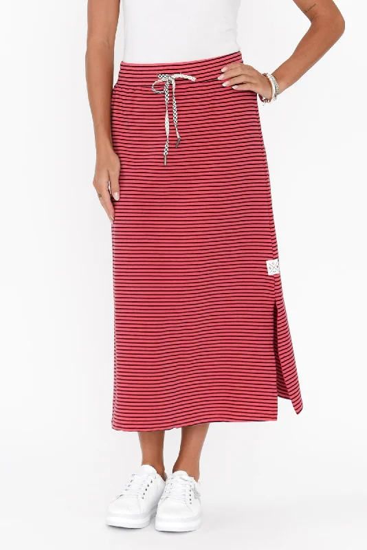 Travel Red Stripe Cotton Maxi Skirt breathable skirt fabric