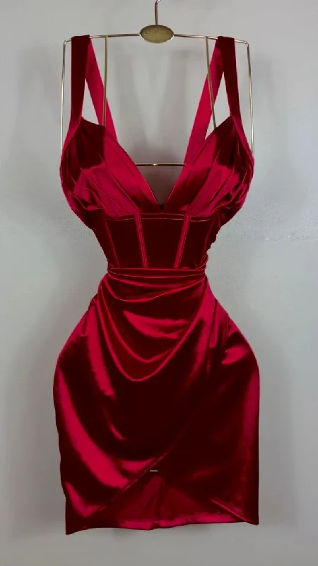 Charming Red Straps Satin Short Evening Party Dress, DP2920 Tunics Office stylish