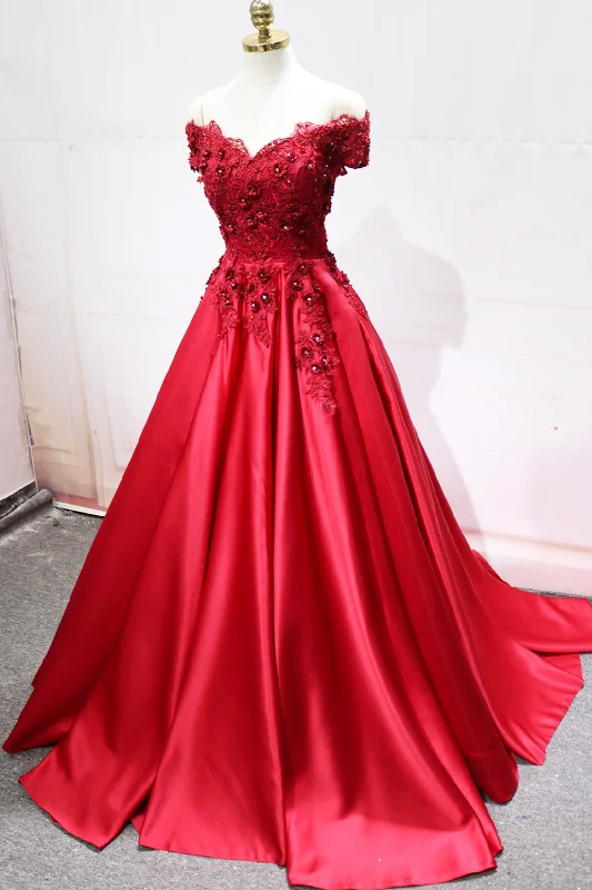 Red Satin Lace Long Prom Dress, Off Shoulder Evening Party Dress Tunics Polka dots