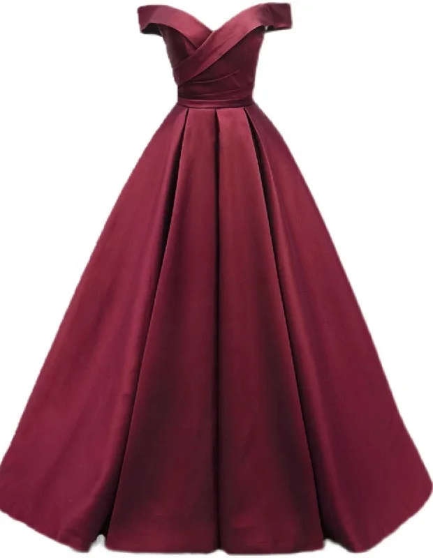 Burgundy Simple A-line Floor Length Satin Off Shoulder Party Dress, Long Evening Dress Tunics Plaid country Burgundy Simple A-line Floor Length Satin Off Shoulder Party Dress, Long Evening Dress Tunics Plaid country
