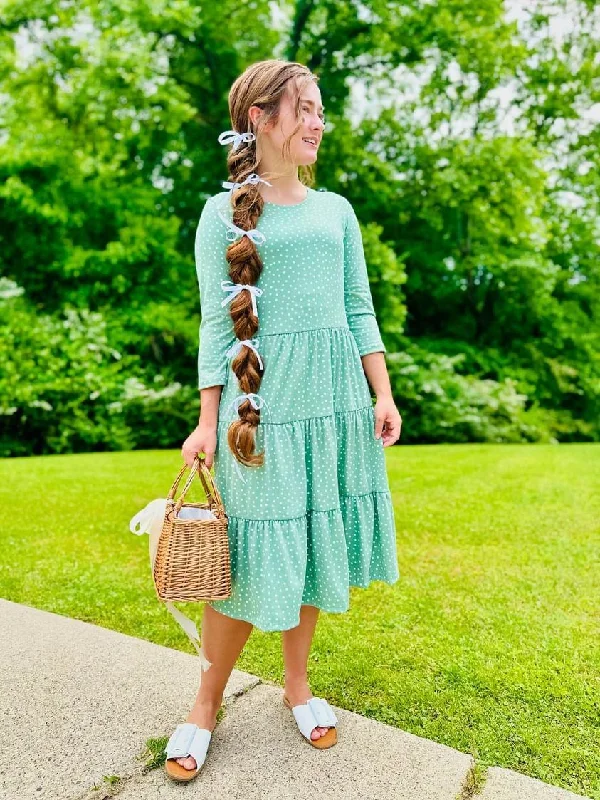 Size 2X Green Polka Dot Tiered Comfy Dress Tunics Sophisticated sleek