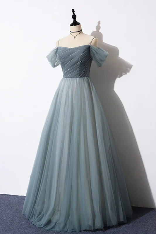 Gray Blue Spaghetti Strap Tulle Floor Length Prom Dress, Off Shoulder Evening Party Dress Tunics Print Colorful
